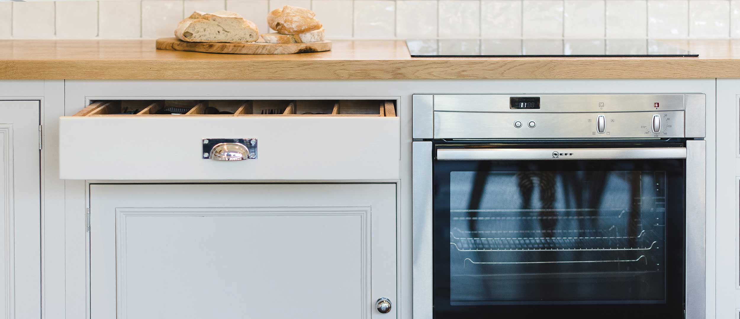 hand made kitchen units using dovetailed joints on drawers, The Bramble Tree, Nottinghamshire