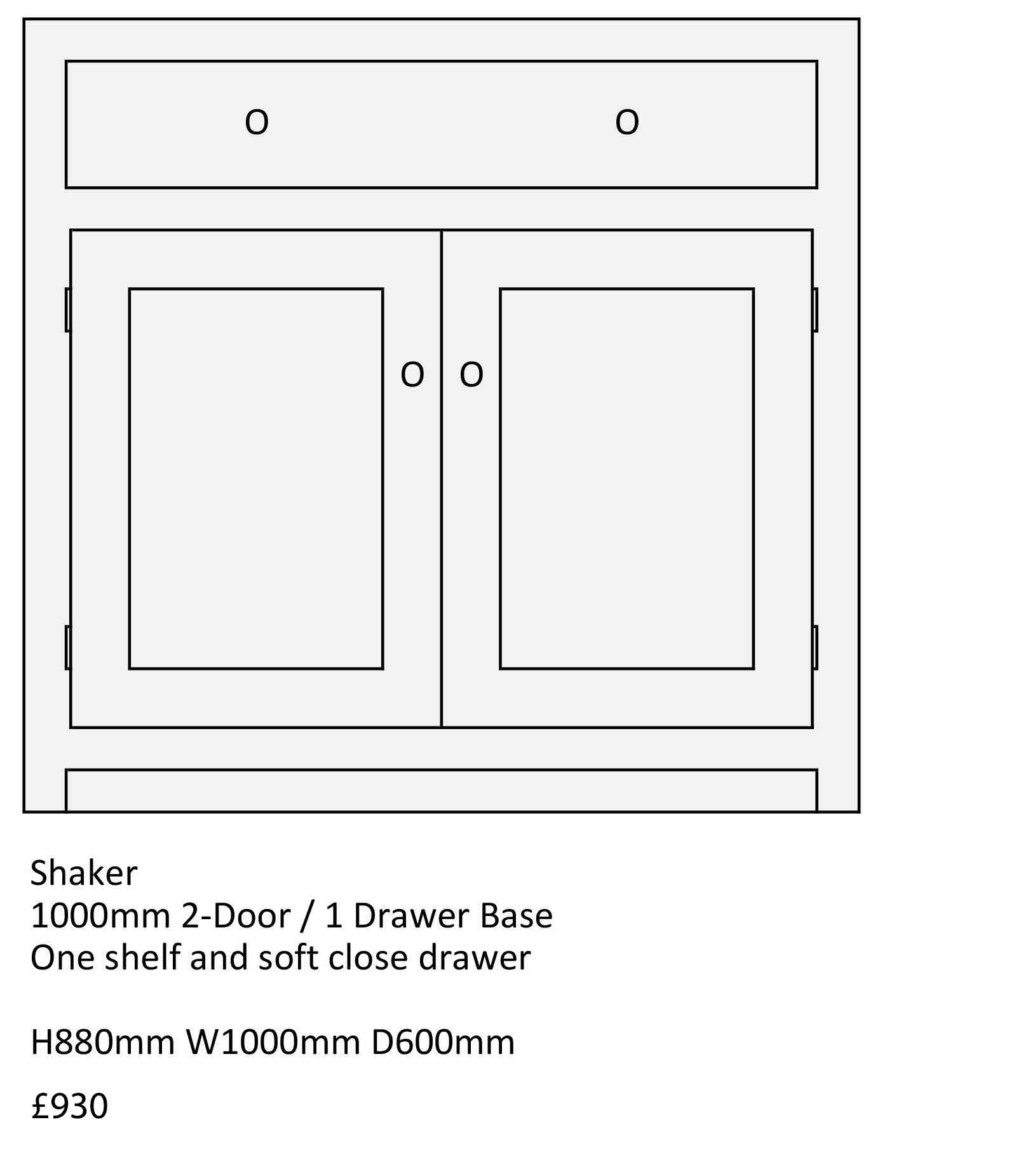 Shaker style kitchen unit 1000mm 2 door and 2 drawer base with soft close drawers. Bespoke kitchen designs by Bramble Tree 