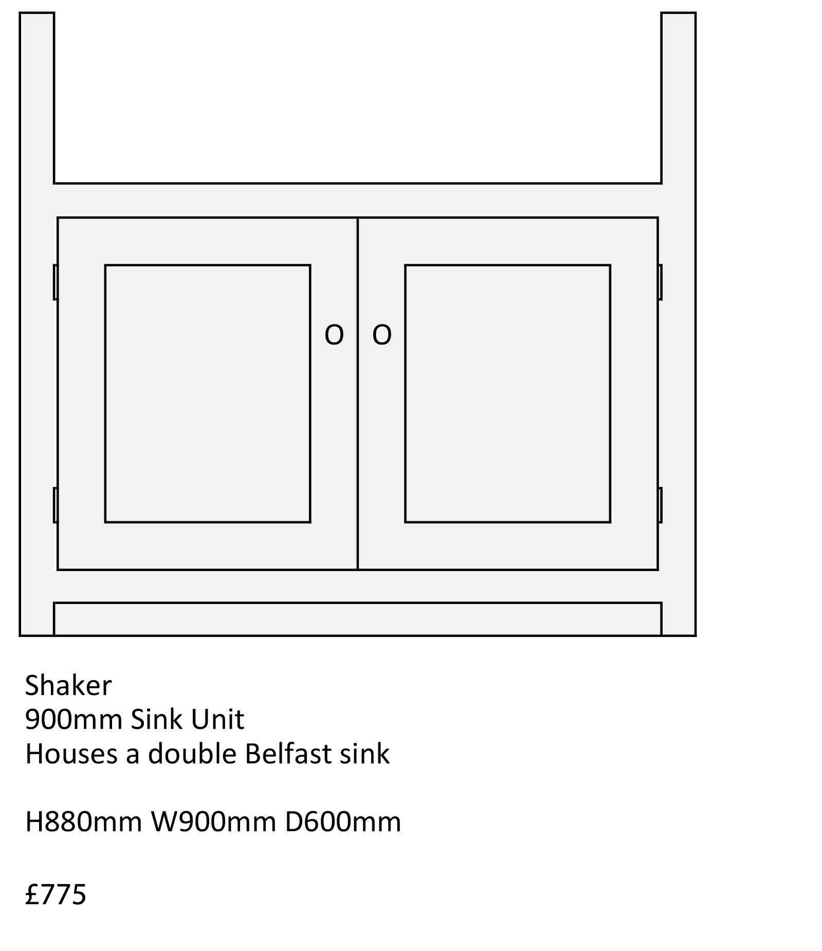 Shaker 900mm belfast sink unit, houses a double Belfast Sink, designed and built by The Bramble Tree solid wood kitchen specialists and Joiners