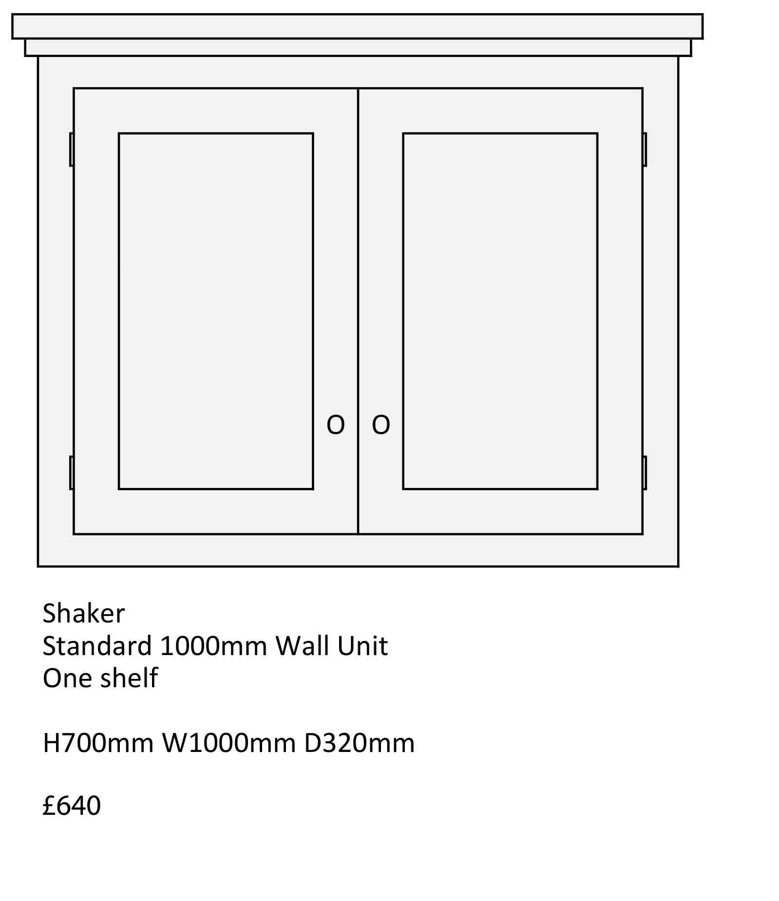 Shaker style kitchen wall unit, standard 1000mm wall unit with one shelf. Solid wood, oak Kitchen units from The Bramble Tree