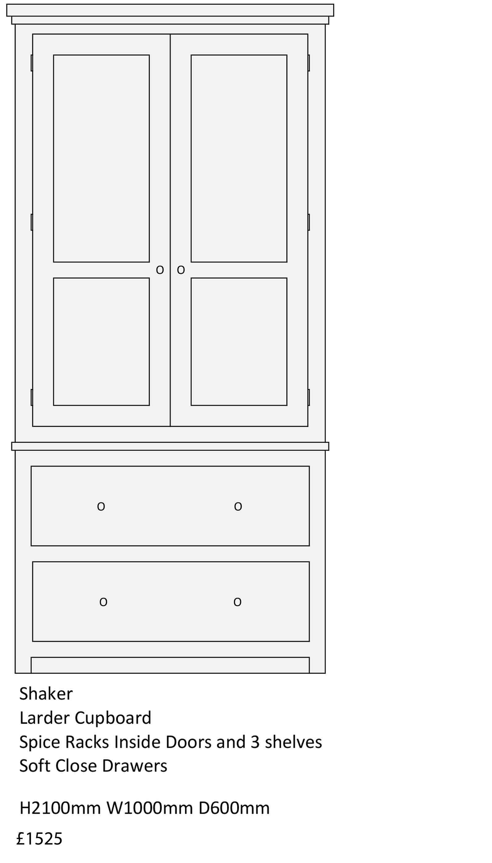 Shaker style kitchen unit, larder cupboard, spice racks and 3 shelves with soft close drawers. Solid wood, oak Kitchen units from The Bramble Tree