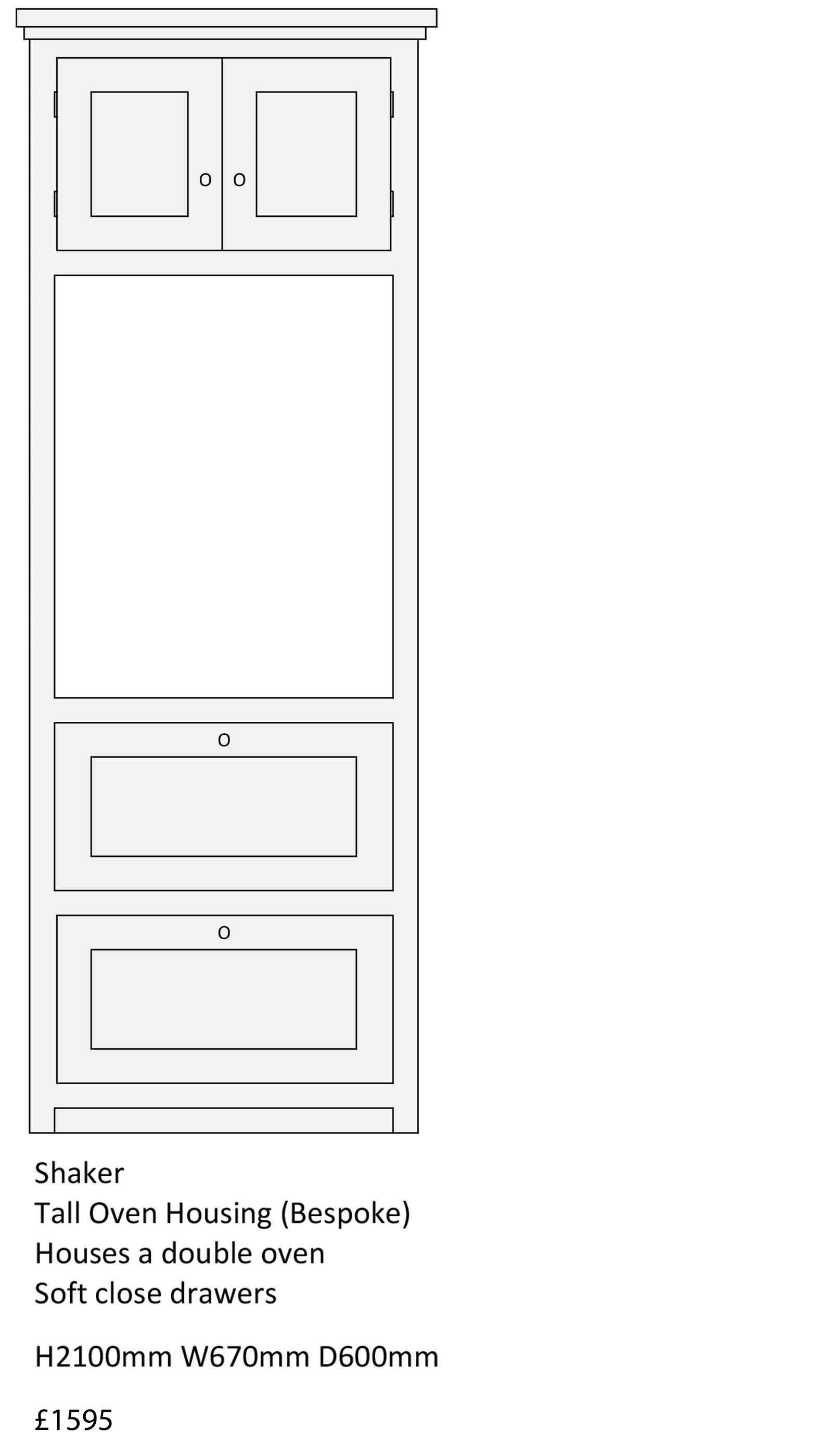 Shaker style kitchen unit, tall oven housing for a double oven with soft close drawers. Solid wood, oak Kitchen units from The Bramble Tree