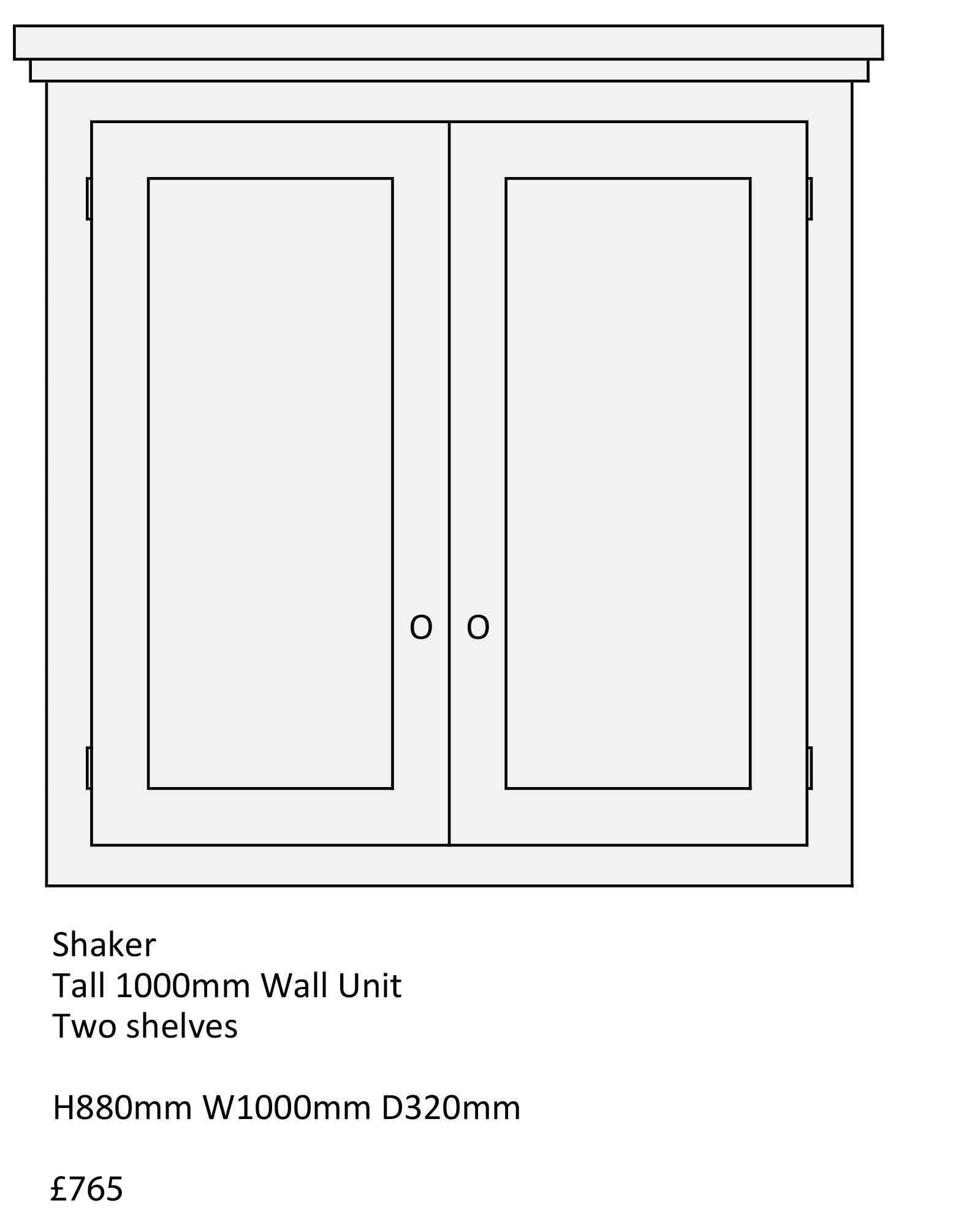 Shaker style kitchen wall unit, tall wall unit with two shelves 1000mm wide. Solid wood, oak Kitchen units from The Bramble Tree