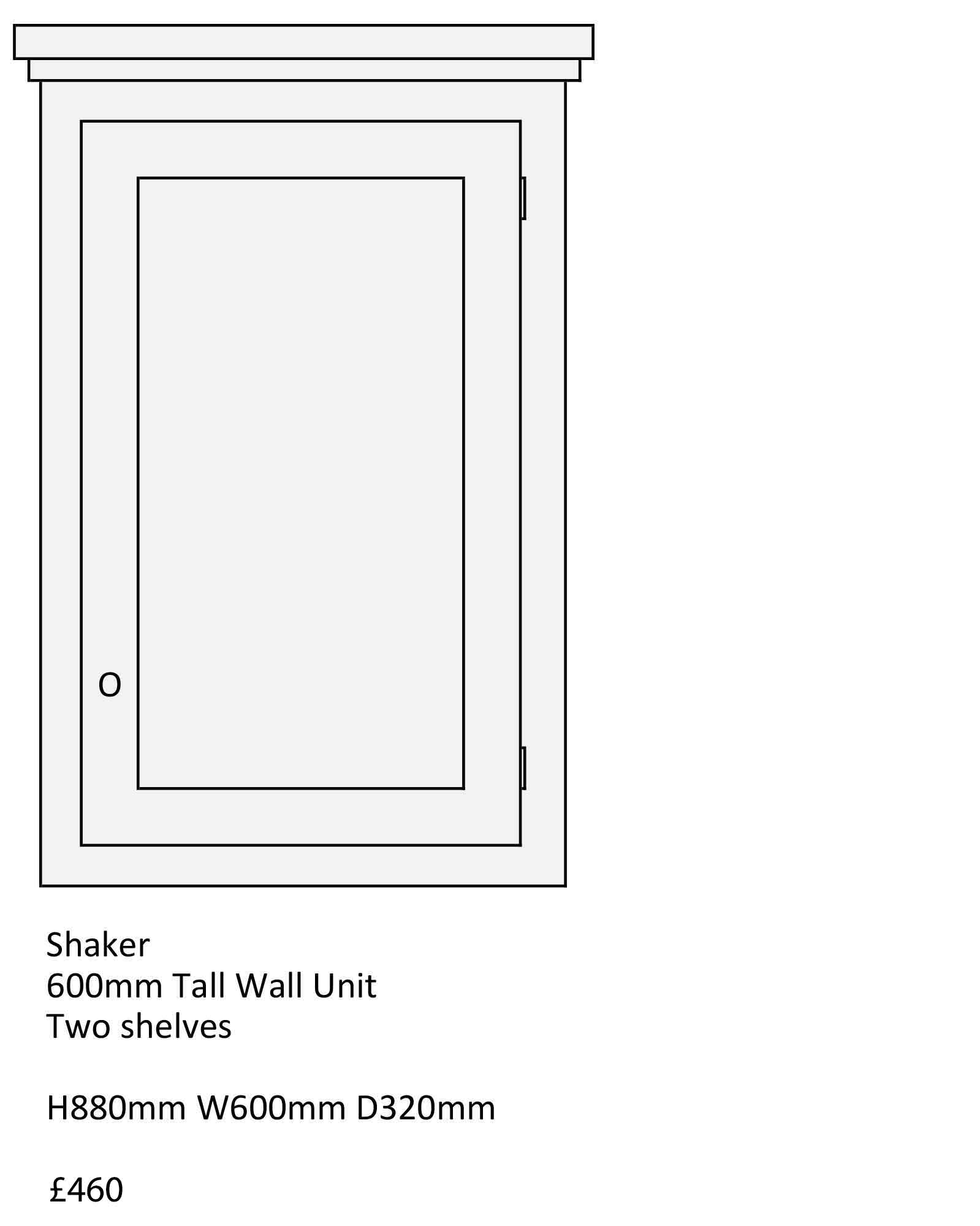 Shaker style kitchen wall unit, tall wall unit with two shelves, 600mm wide. Solid wood, oak Kitchen units from The Bramble Tree